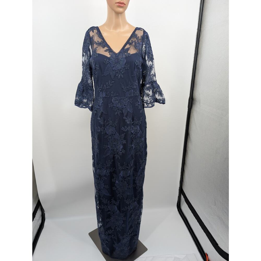 Adrianna Papell Navy Blue Sequin Floral Embroidered Maxi Gown Sheer Bell Sleeve